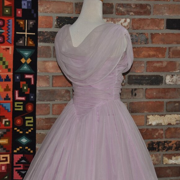 Vintage 50s Pink Ruched Tulle Layer Crinoline Grad Prom Gown Dress XS Waist 24" - Picture 3 of 13